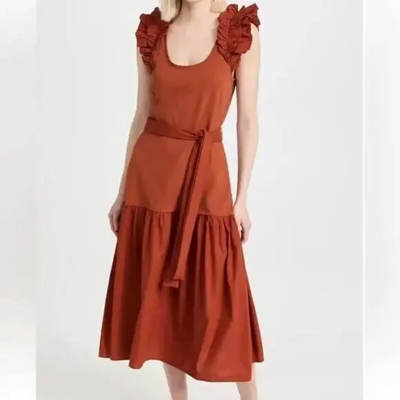 Nation LTD Everly Frilly Ruffle Strap Tiered Cotton Midi Dress Cayene Red Small - Picture 2 of 11